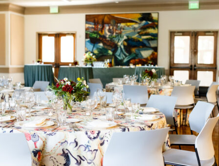 Event tables decorated for a party.