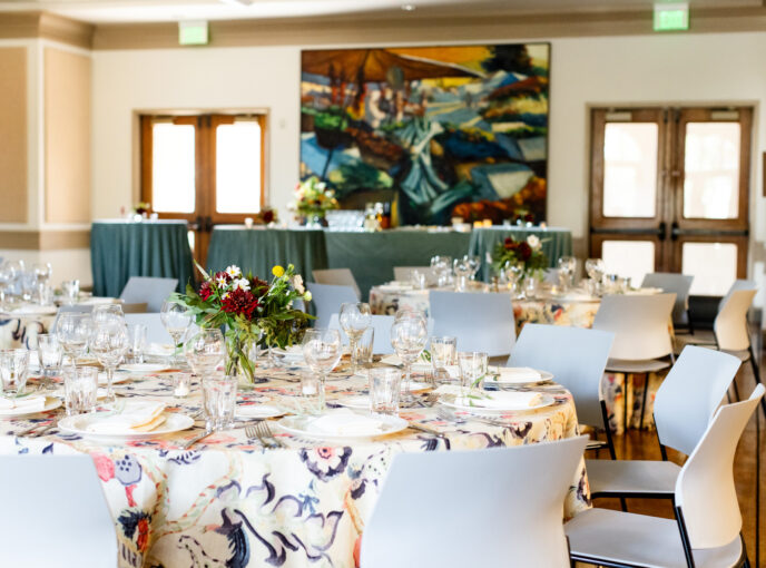 Event tables decorated for a party.