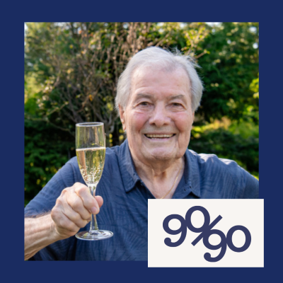 90-90 event with JPG sq Chef Jacques Pepin raises glass of sparkling wine
