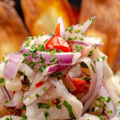 Pile of fresh ceviche on a plate with fish, onions, peppers and herbs