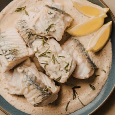 Plate of seared halibut with lemon and rosemary