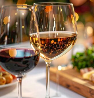 Two wine glasses with wooden board of appetizers