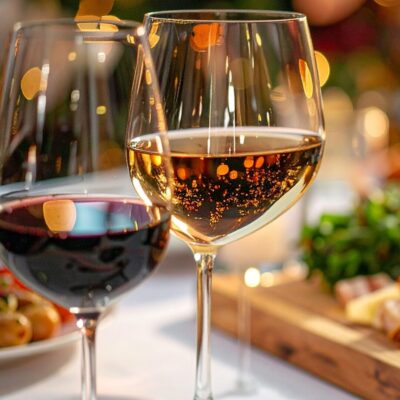 Two wine glasses with wooden board of appetizers