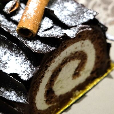 Decorated buche de noel cake